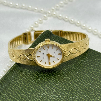 Gold Elgin Watch with Detailed Swirl Band
