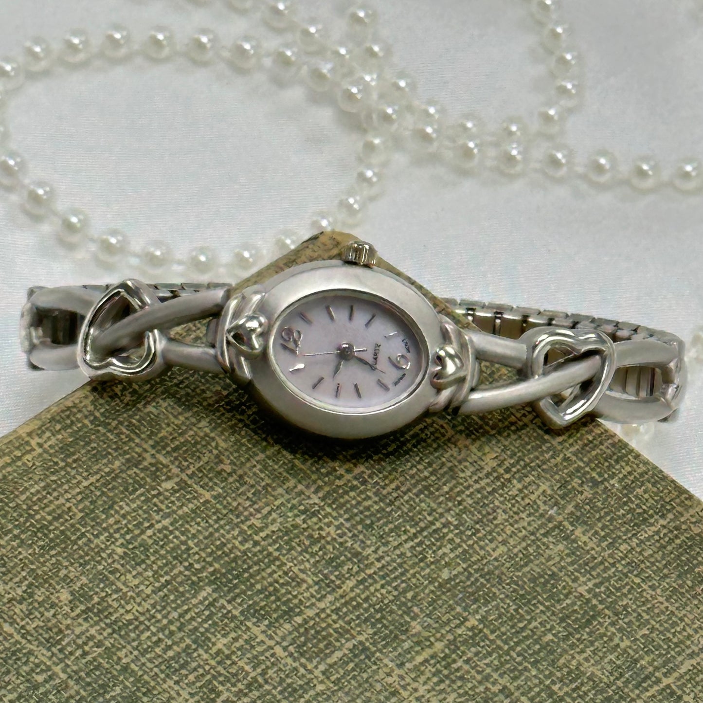 Silver Watch with Heart Band and Mother of Pearl Dial