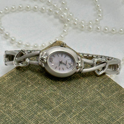 Silver Watch with Heart Band and Mother of Pearl Dial