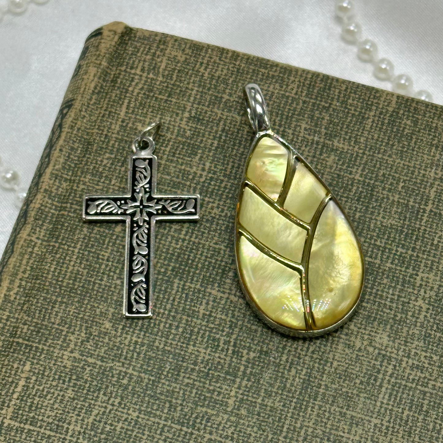 Vintage Silver and Green Pendant & Cross Pendant Bundle