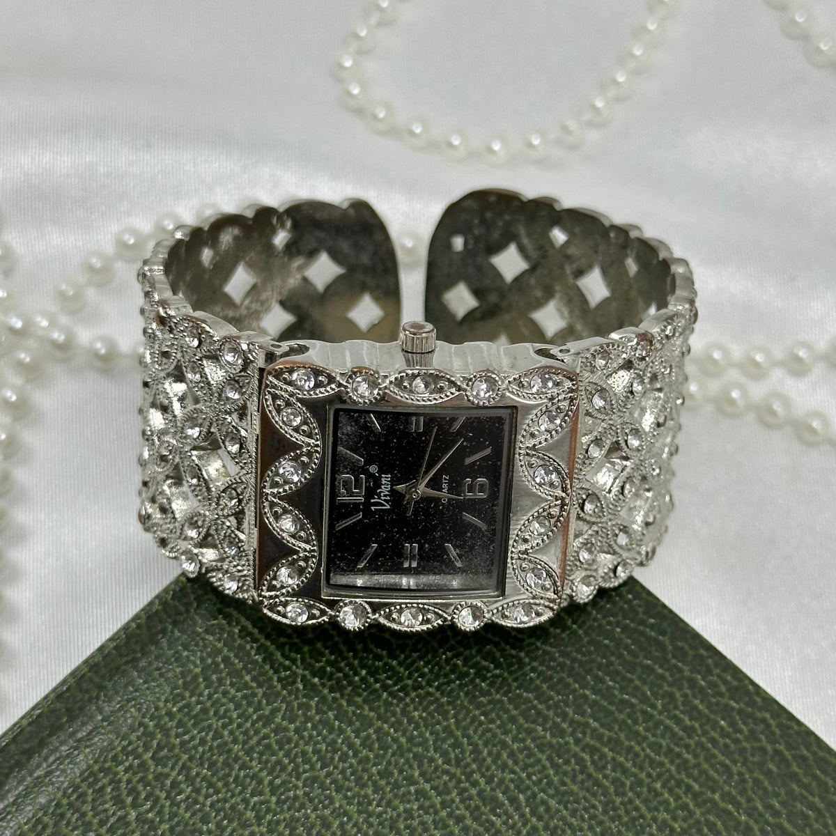 Silver Cuff Watch with Black Square Dial