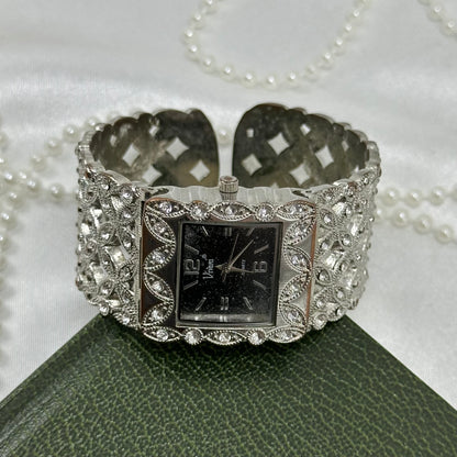 Silver Cuff Watch with Black Square Dial