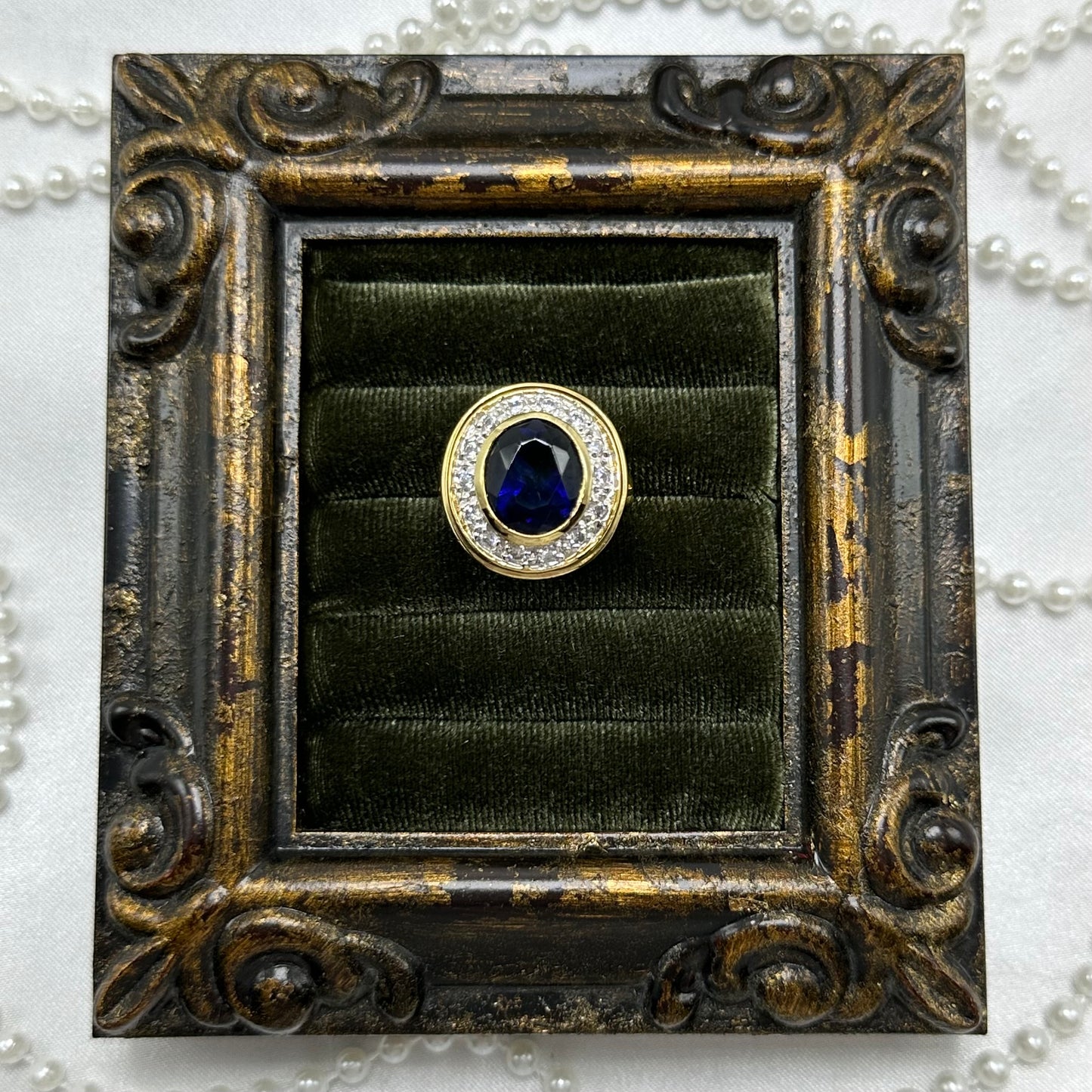 Large Round Dark Blue Cubic Zirconia Stone Vintage Deadstock Ring 14k Gold Electroplated