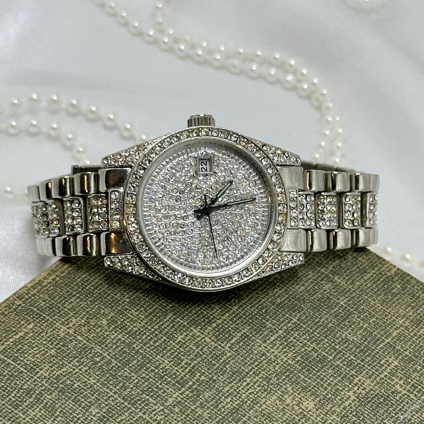 Silver Iced Out Geneva Watch