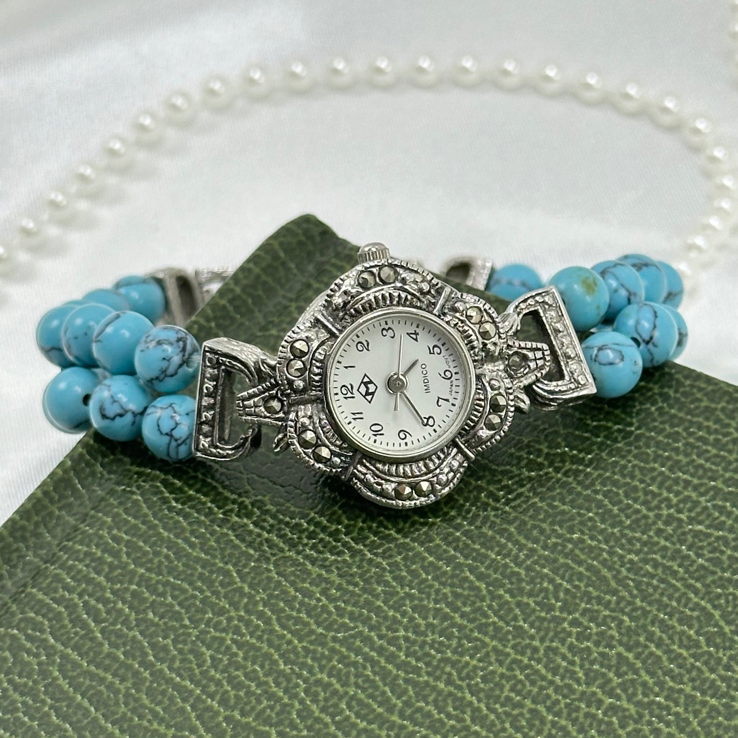 Silver Marcasite Watch with Turquoise Bead Band