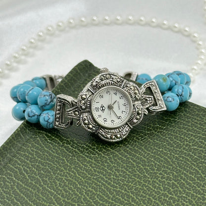 Silver Marcasite Watch with Turquoise Bead Band