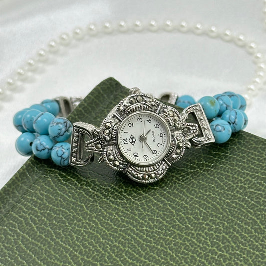 Silver Marcasite Watch with Turquoise Bead Band