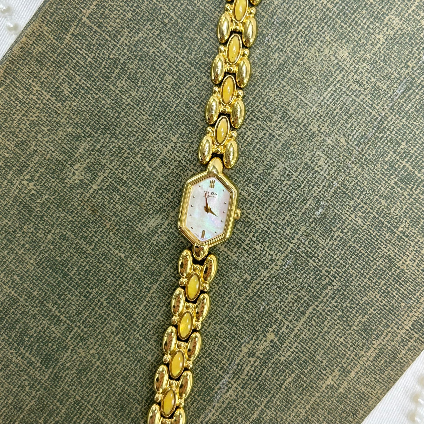 Dainty Yellow Iridescent Gemstone Citizen Watch with Mother of Pearl Dial