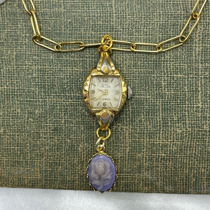 Vintage Watch Necklace with Purple Rose Cameo Charm & Pearls