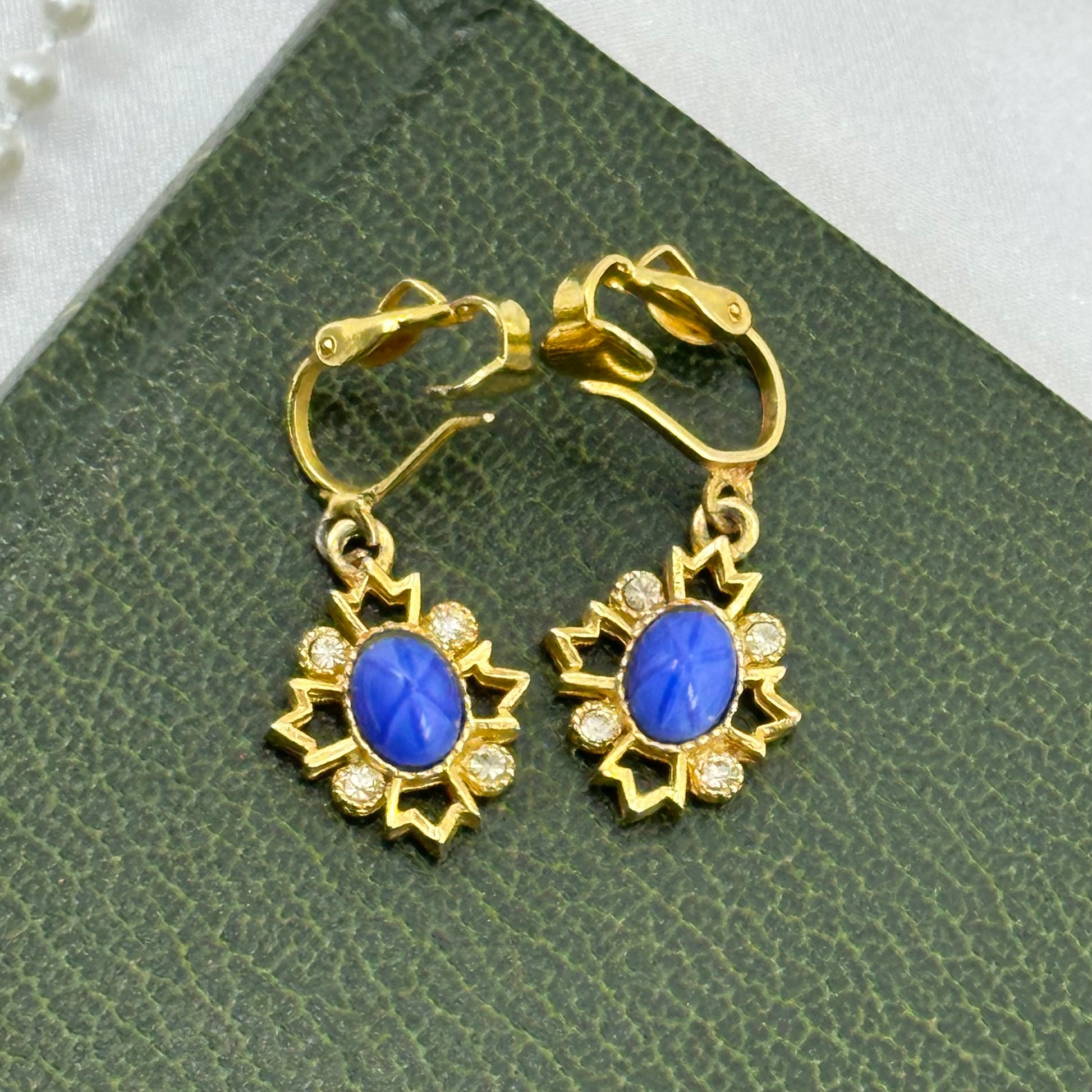 Vintage Blue Starburst Dangle Clip On Earrings