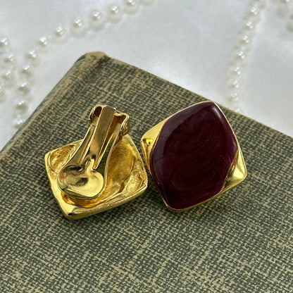 Vintage Gold and Red Clip On Earrings
