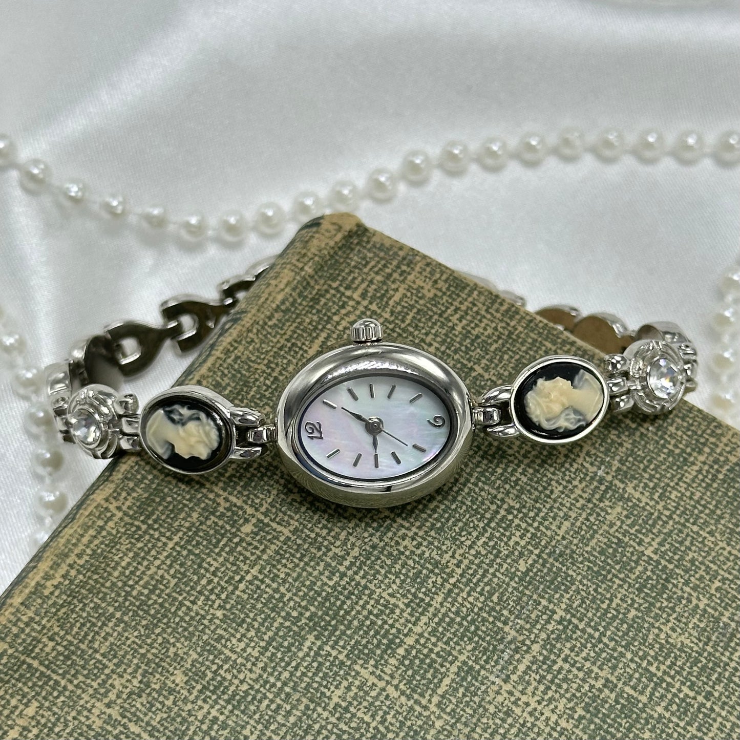 Silver Cameo Watch with Mother of Pearl Dial