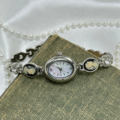 Silver Cameo Watch with Mother of Pearl Dial