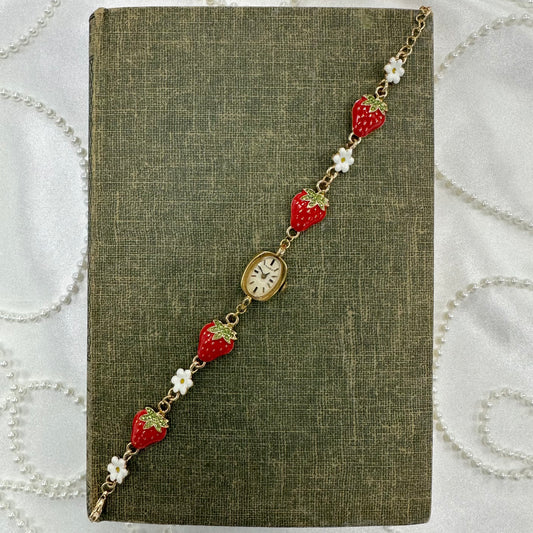 Gold 1979 Timex with Strawberry Charm Bracelet