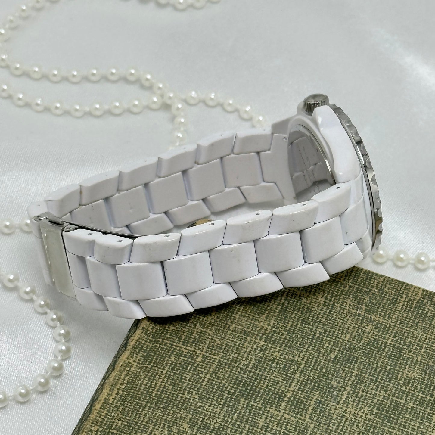 White Diamanté Dial Watch with Rose Gold Roman Numeral Markers