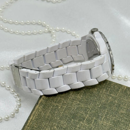 White Diamanté Dial Watch with Rose Gold Roman Numeral Markers