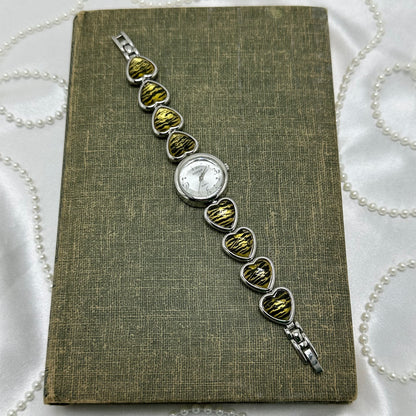 Silver Round Dial Watch with Tiger Heart Bracelet Band