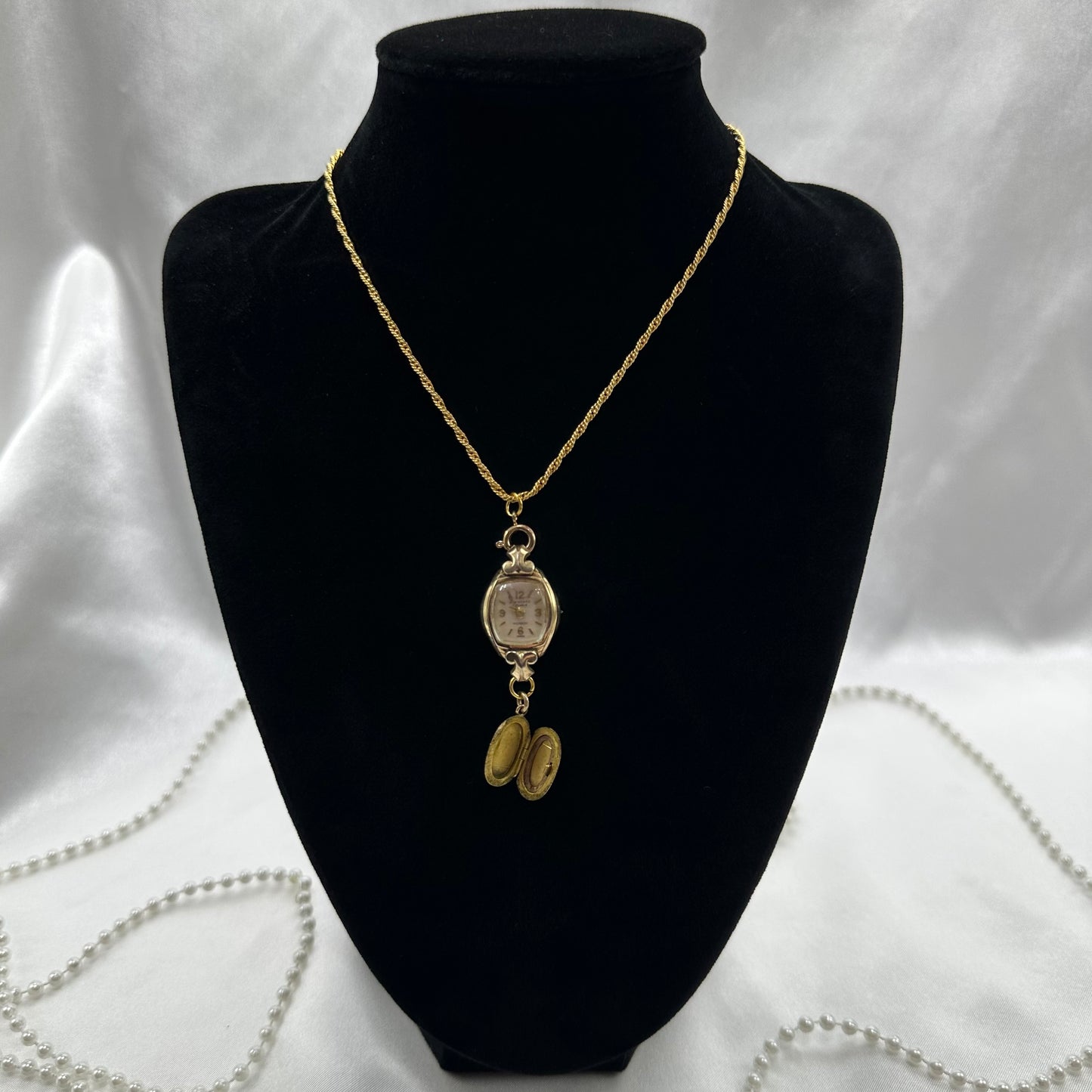 Vintage Watch Necklace with Oval Locket and Matching Bracelet