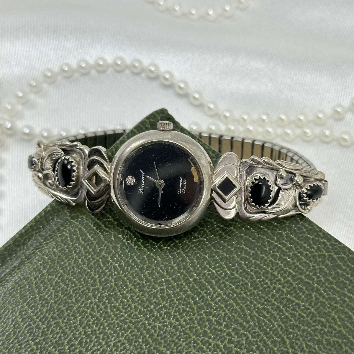 Onyx and Sterling Silver Watch with Black Dial