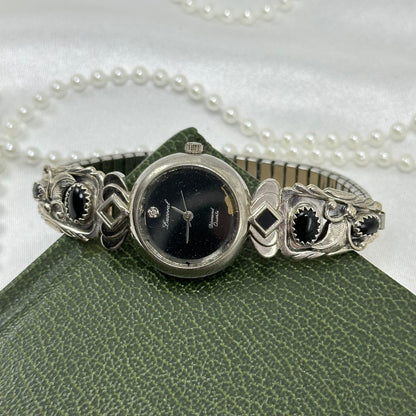 Onyx and Sterling Silver Watch with Black Dial