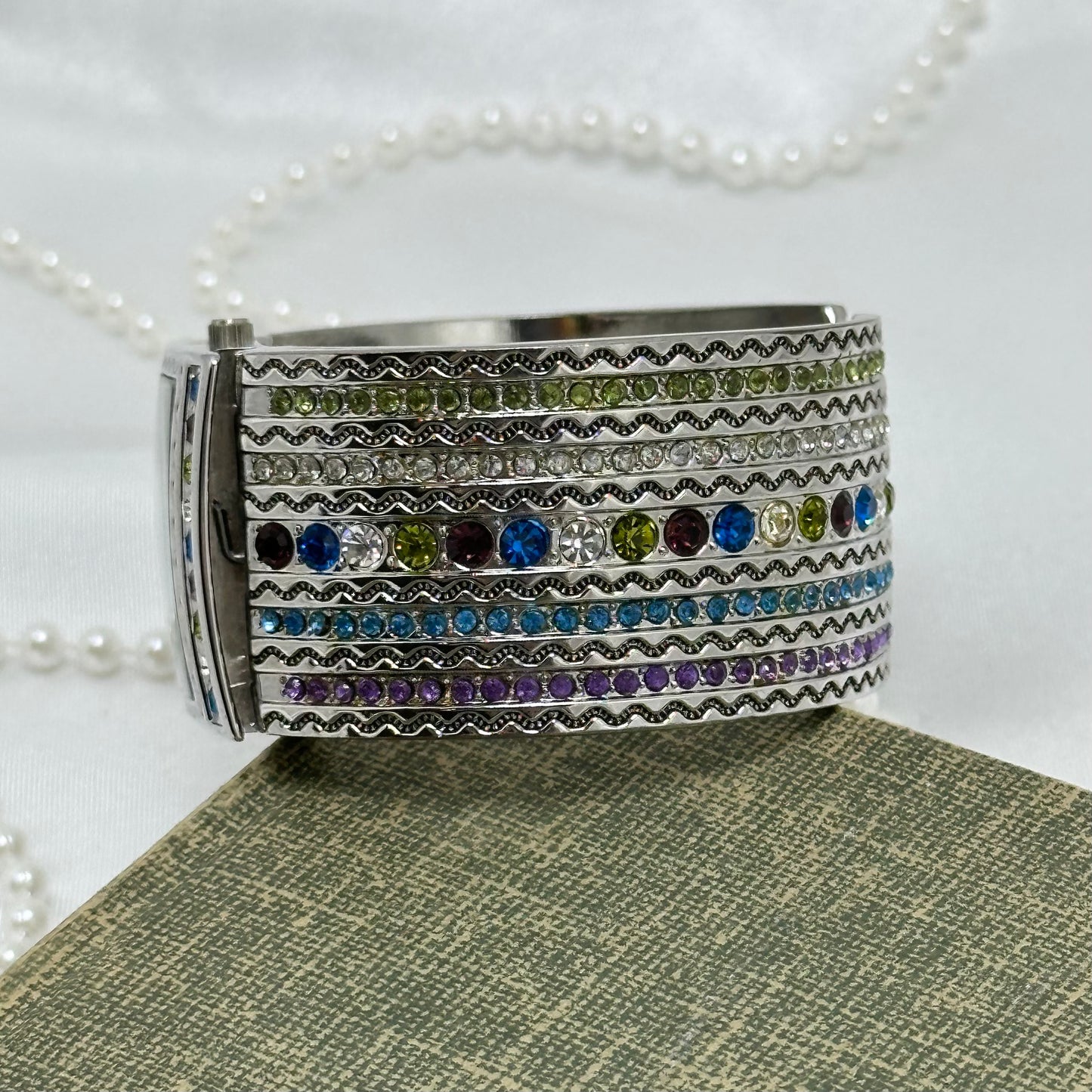 Silver Multicolor Gemstone Cuff Watch