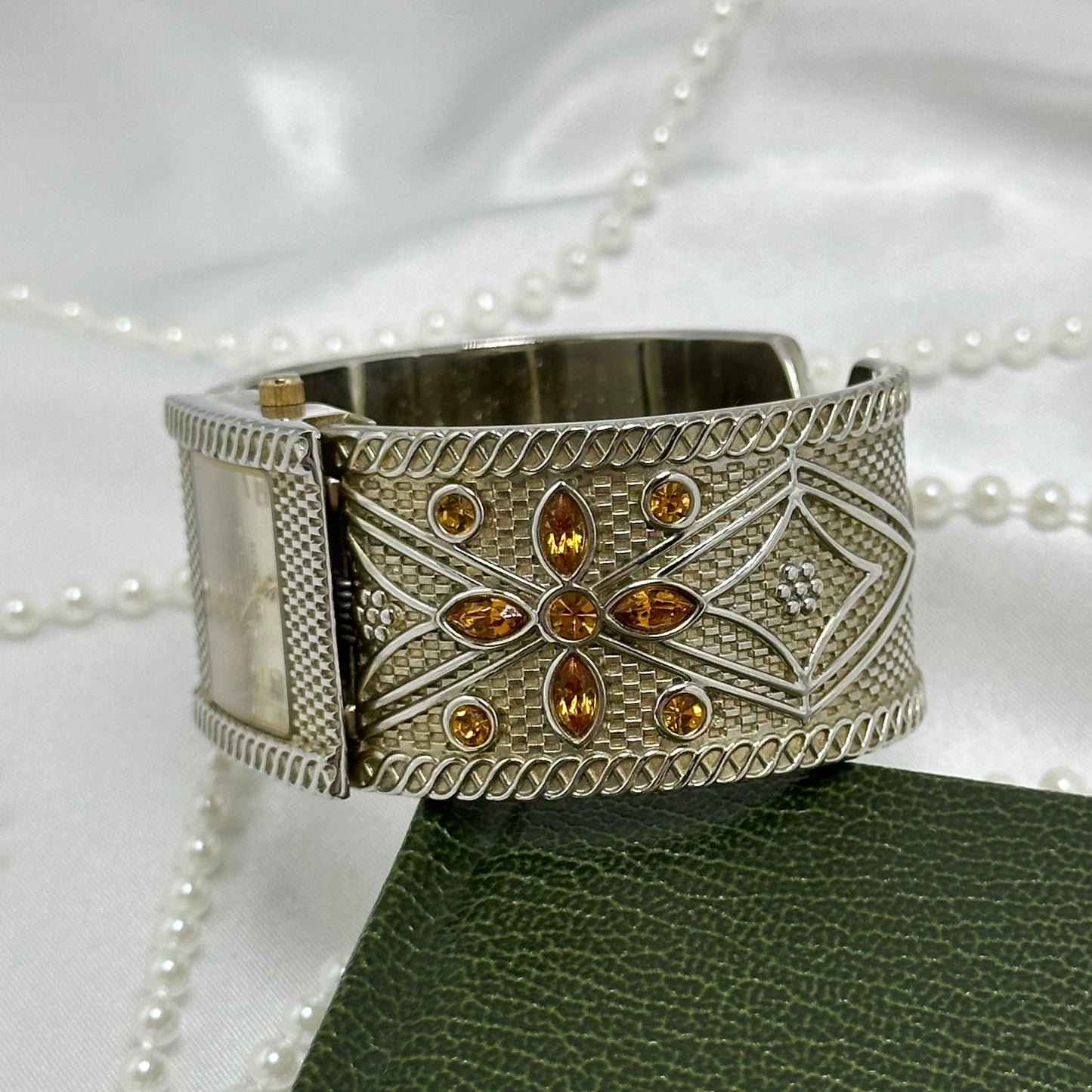 Silver Cuff Watch with Square Dial and Orange Stones