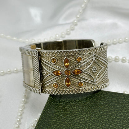 Silver Cuff Watch with Square Dial and Orange Stones