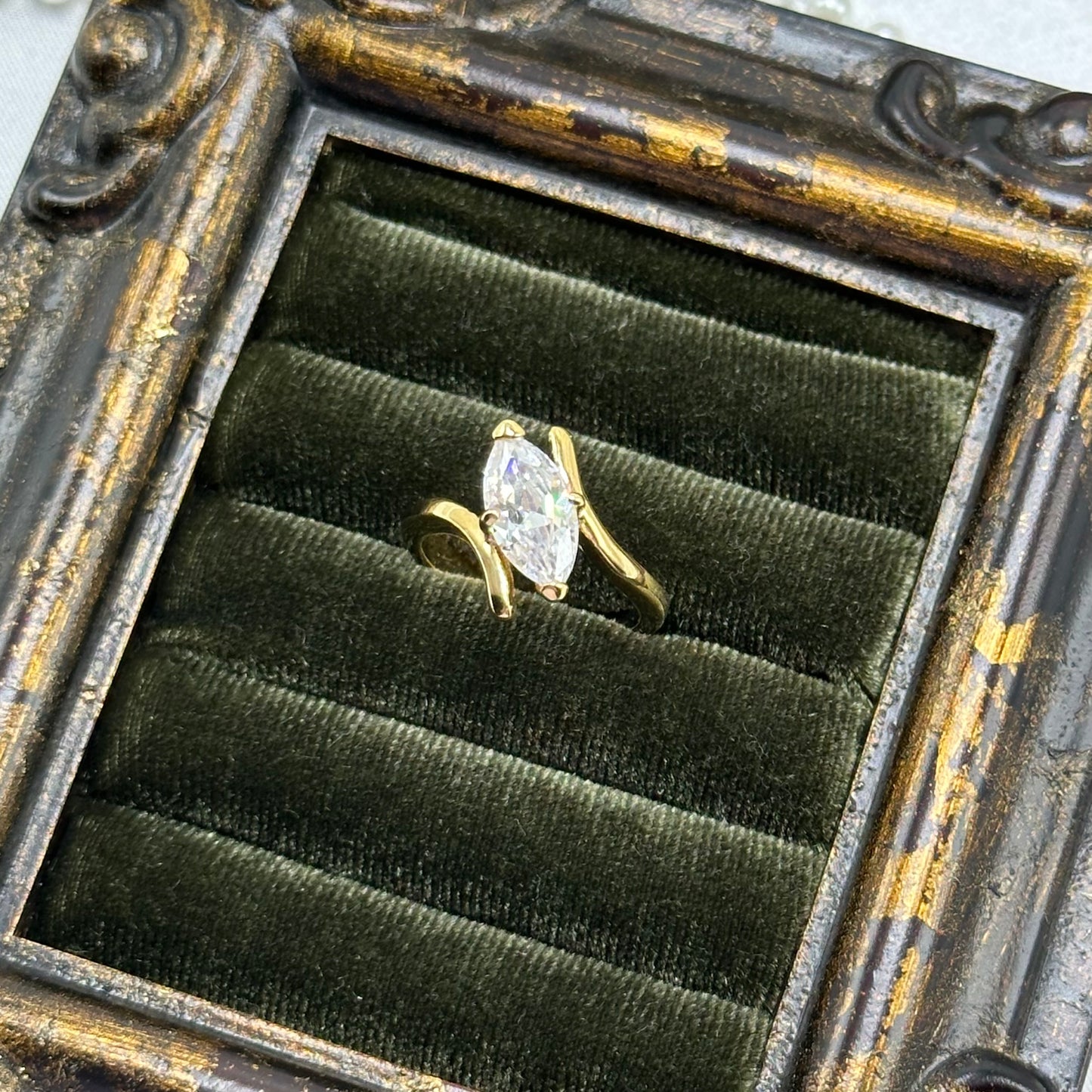 Angled Solitaire Marquise Cubic Zirconia Stone Vintage Deadstock Ring 14k Gold Electroplated