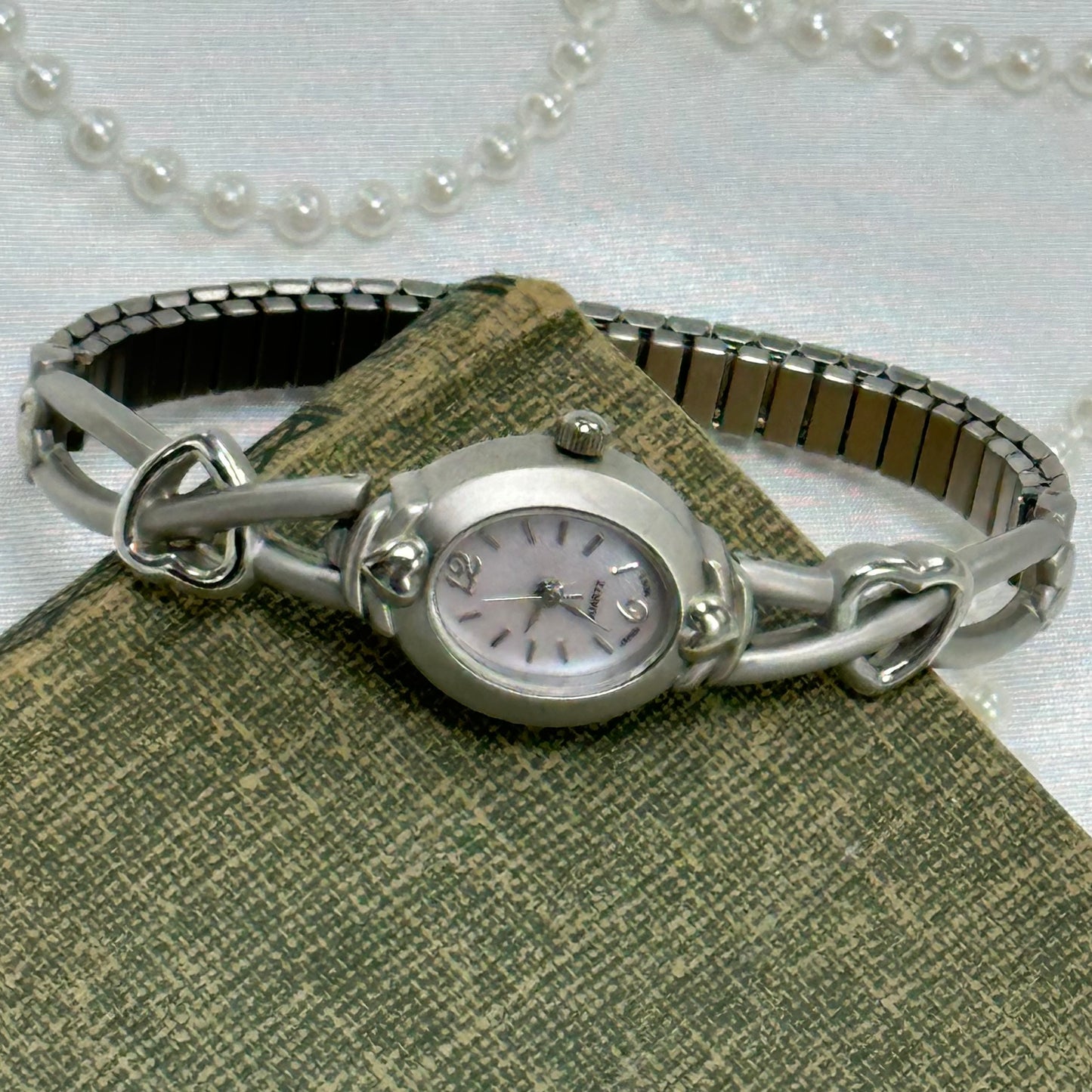 Silver Watch with Heart Band and Mother of Pearl Dial