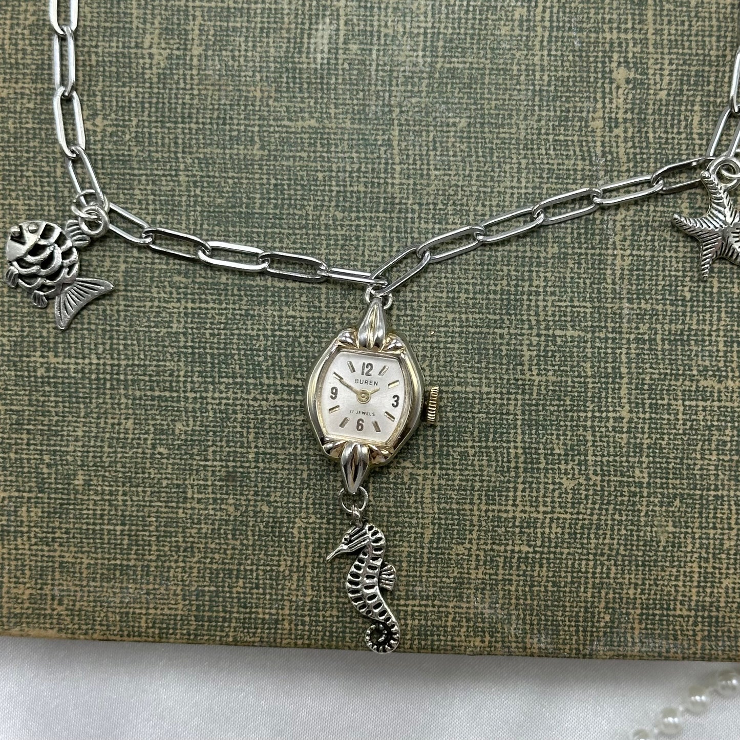 Silver Lariat Necklace with Vintage Watch and Ocean Charms