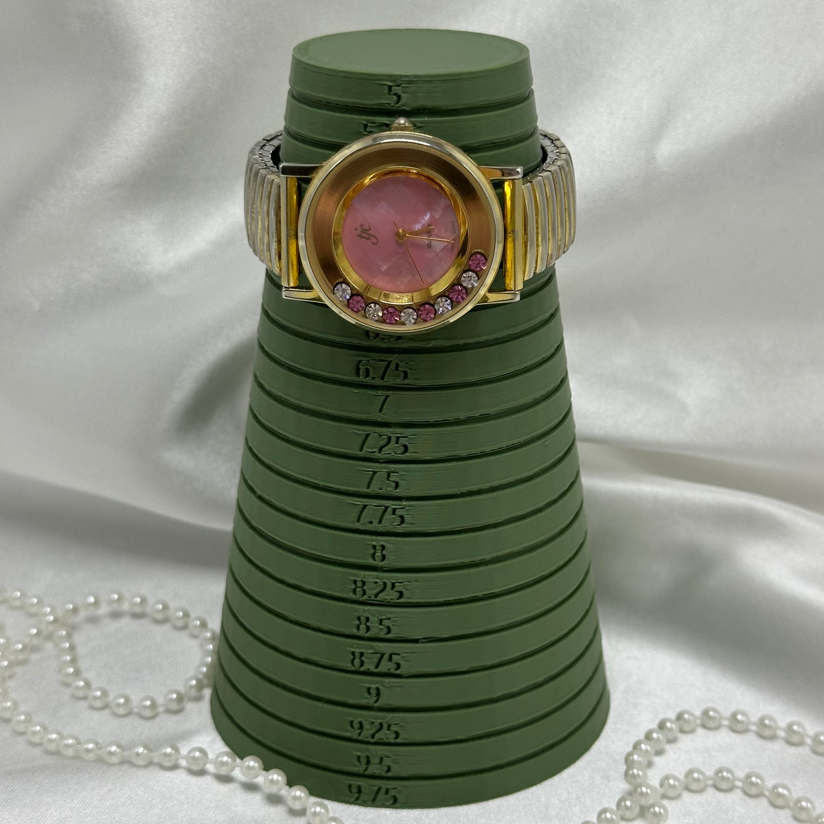 Pink and White Floating Crystal Dial Gold Watch