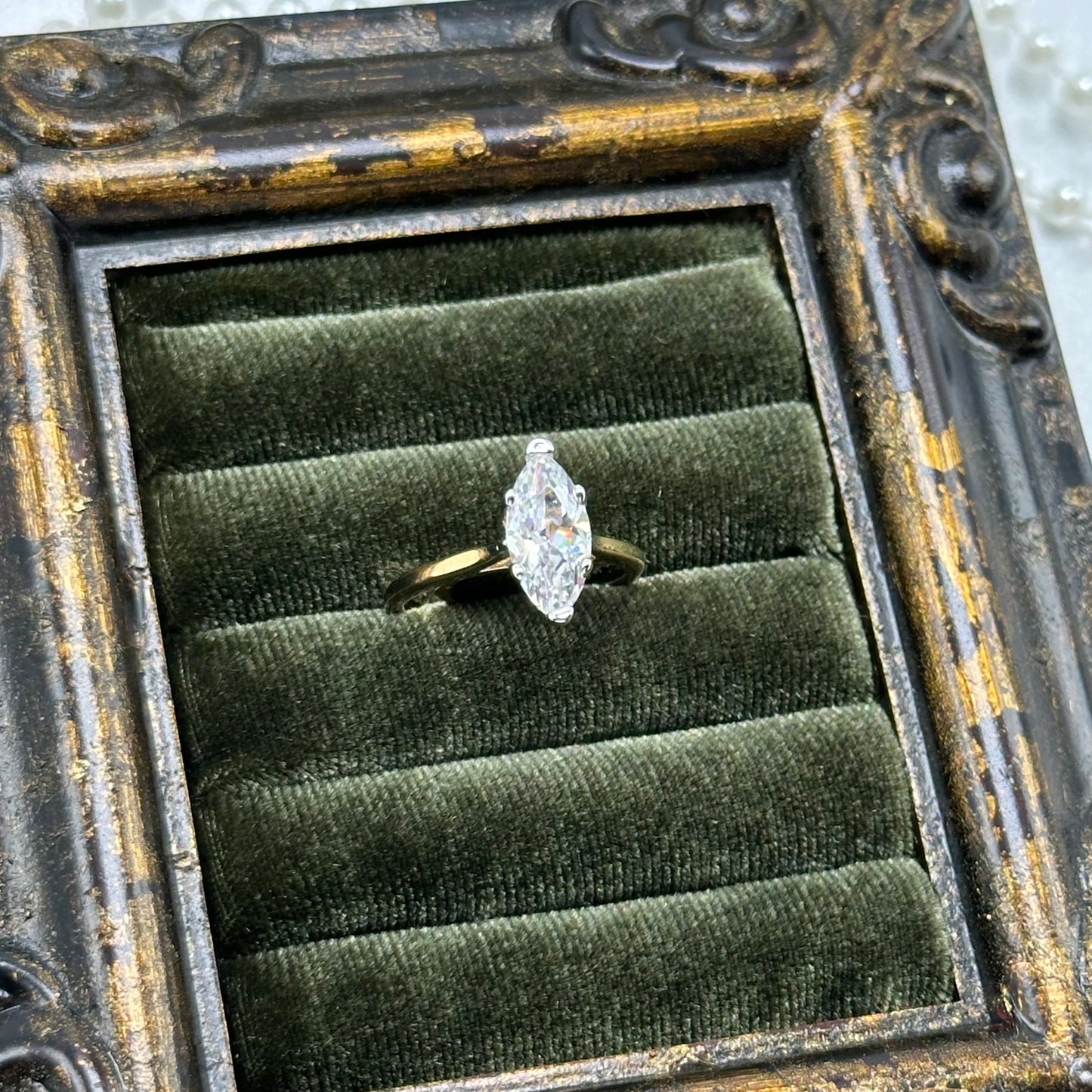 Solitaire Marquise Cubic Zirconia Stone Vintage Deadstock Ring 14k Gold Electroplated