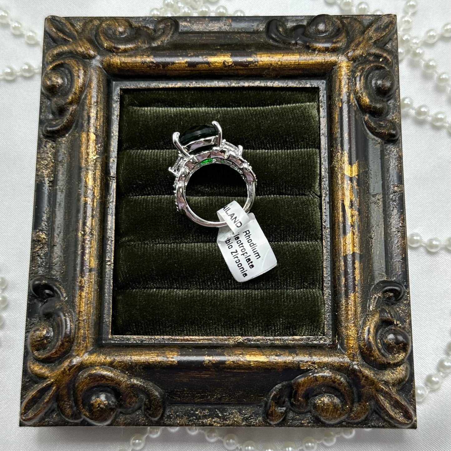 Green Stone Vintage Deadstock Ring Rhodium Plated