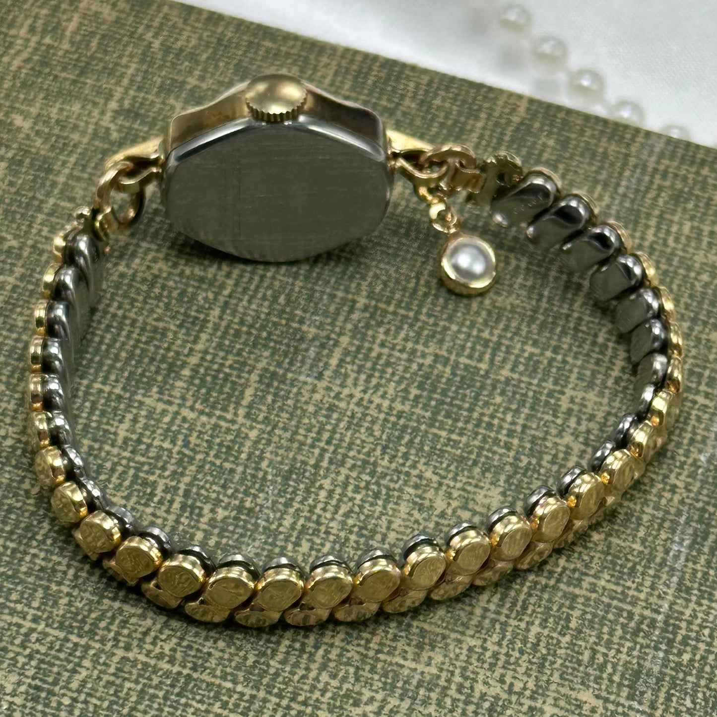 Dainty Vintage Gold Timex Wind-Up Watch with Pearl Charm