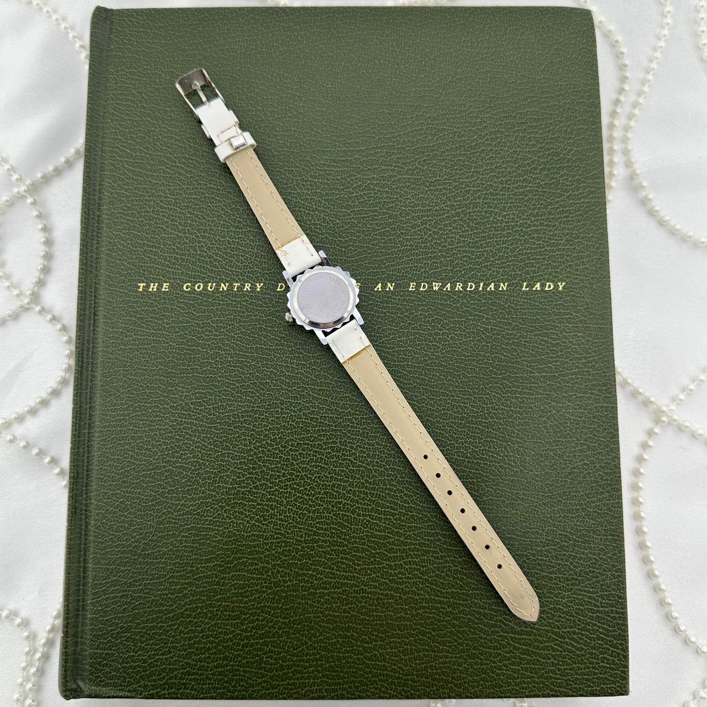 Silver Diamanté Watch with White Leather Band