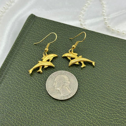 Gold Dolphins Dangle Earrings