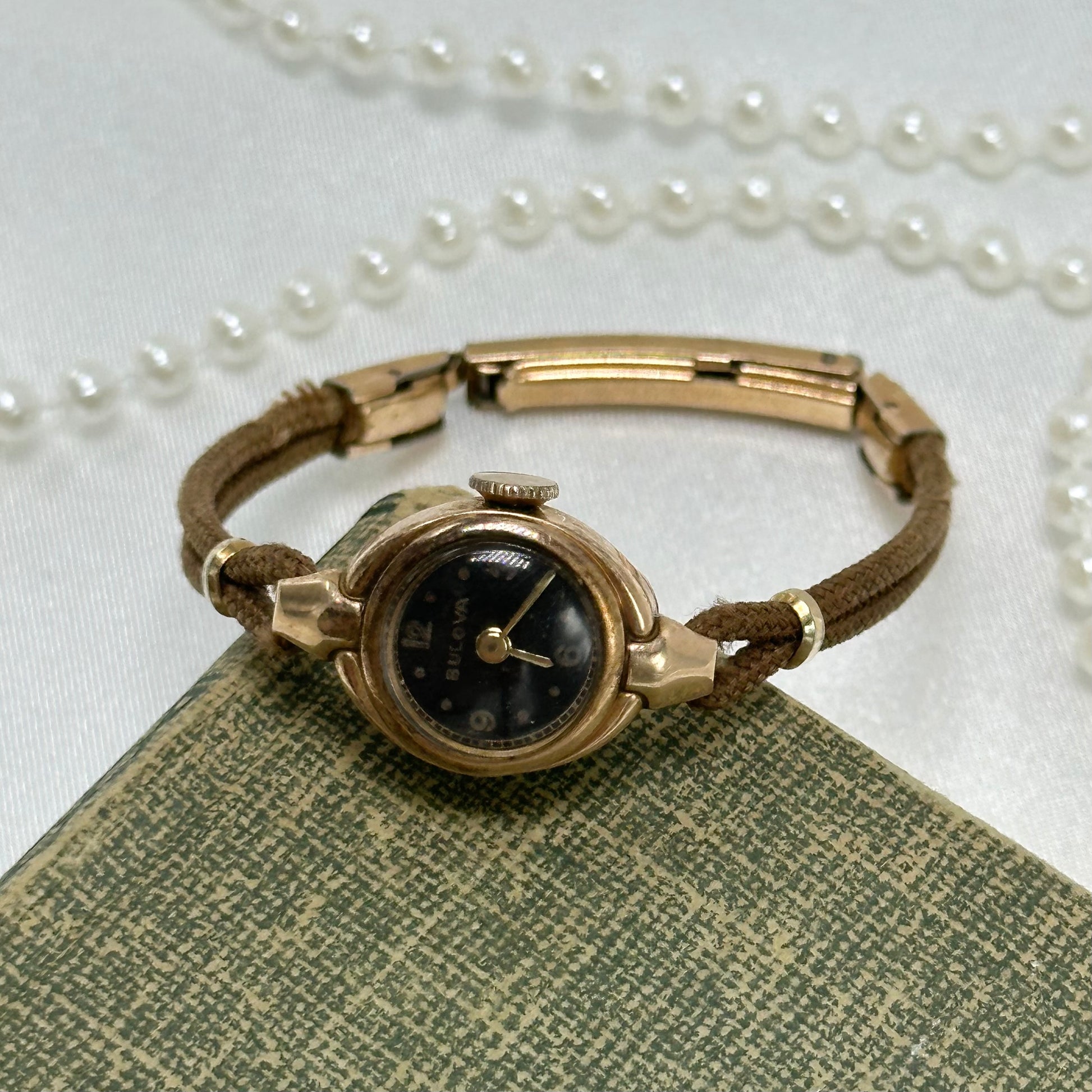 14k Vintage Rose Gold Bulova Black Dial Wind-Up Watch