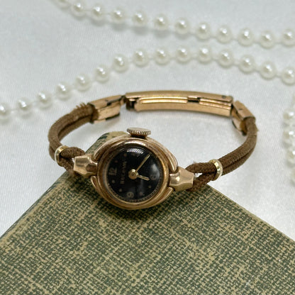 14k Vintage Rose Gold Bulova Black Dial Wind-Up Watch