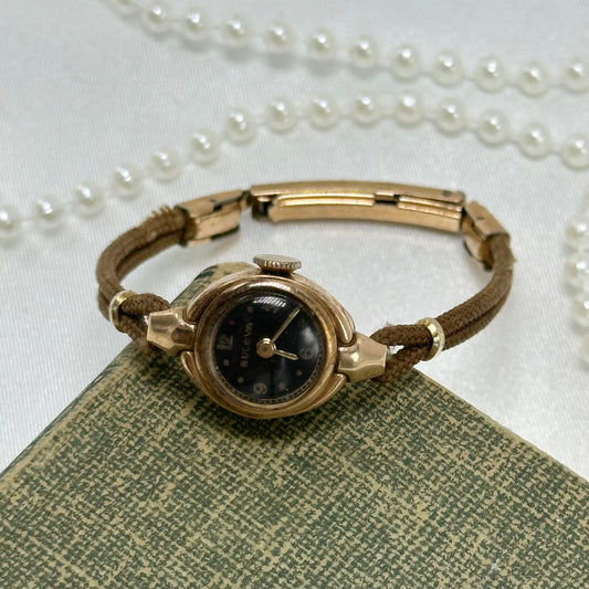 14k Vintage Rose Gold Bulova Black Dial Wind-Up Watch