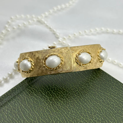 Vintage Gold Bangle Peekaboo Watch with Pearls
