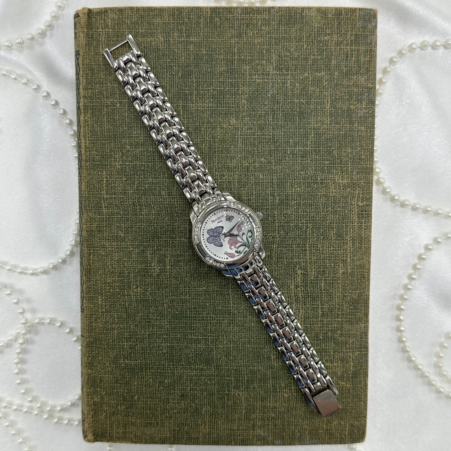 Silver Diamanté Armitron Watch with Purple Butterflies and Flower Dial