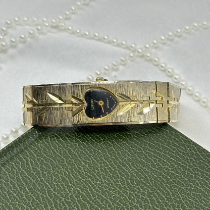Rare Gold Vintage Luxury Tank Watch with Vine Details and Black Heart Dial