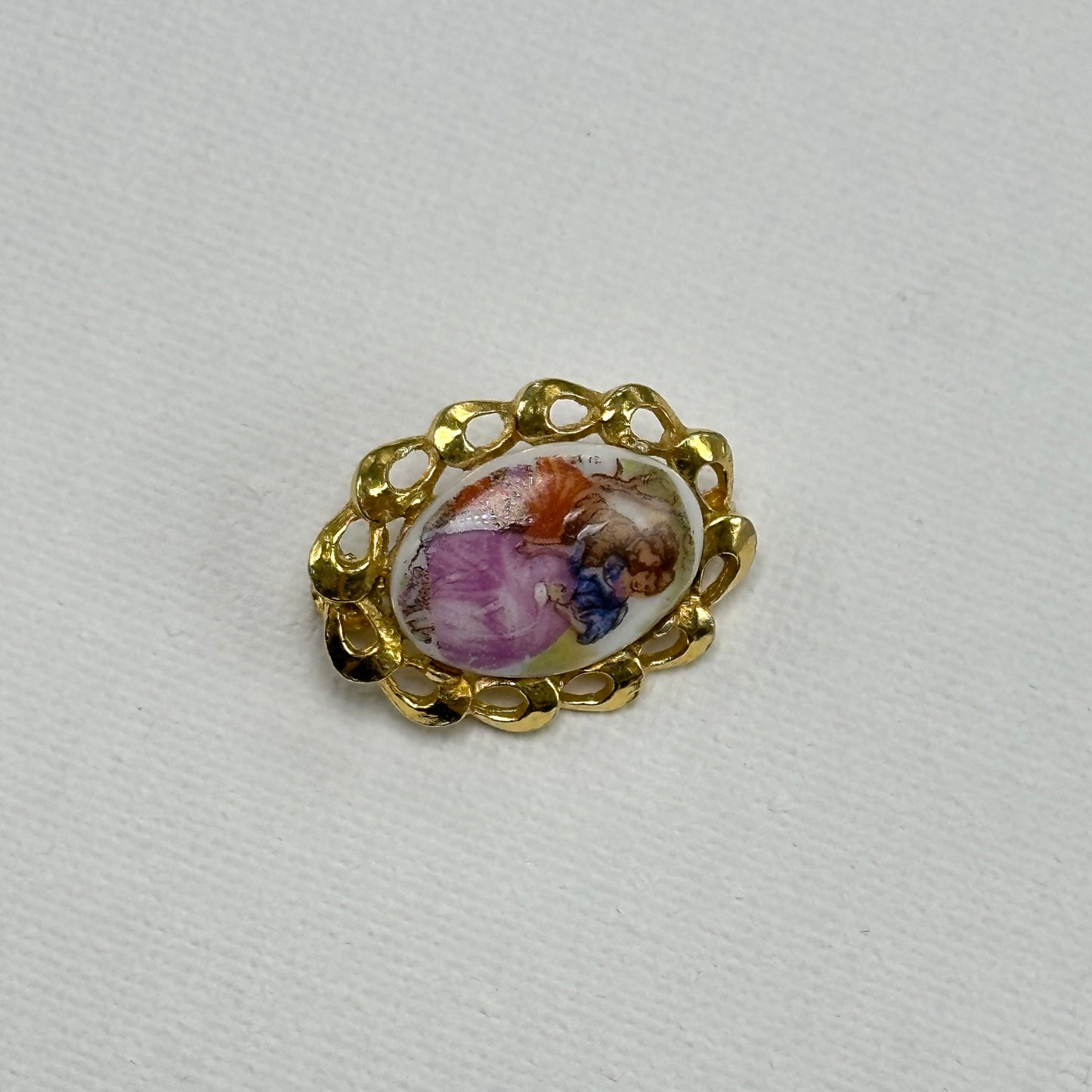 Limoges France Painted Porcelain Portrait Gold Brooch