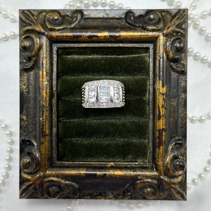 Three Row Clear Stone Vintage Deadstock Band Ring Rhodium Plated