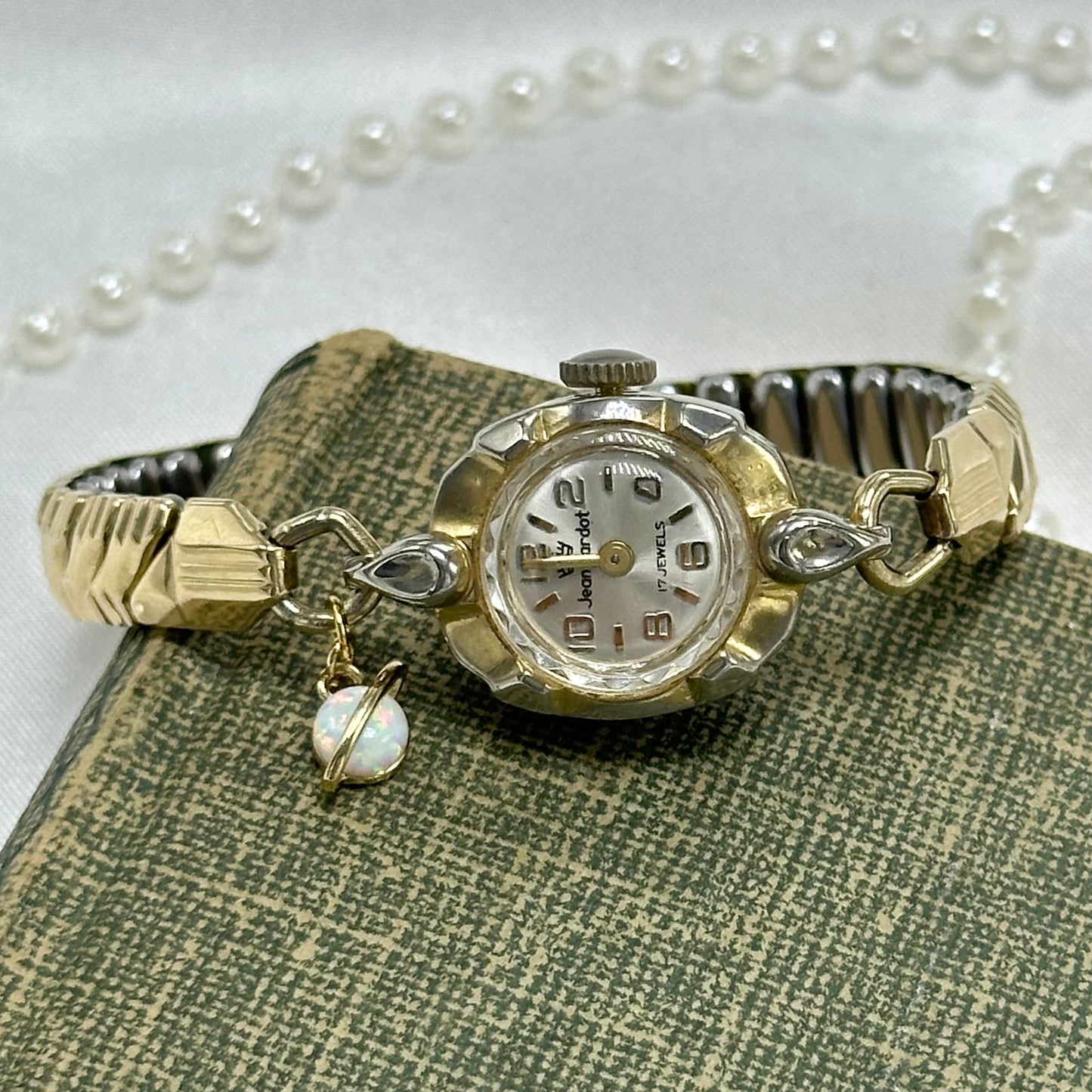 Vintage Jean Cardot Wind Up Gold Watch with Opal Saturn Charm