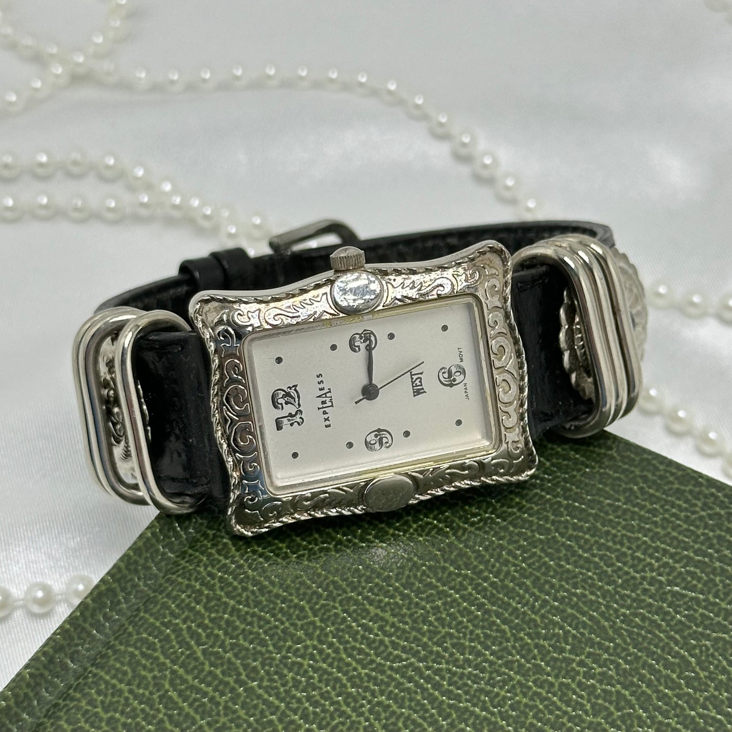 Silver Buckle LA Express Watch with Black Leather Band