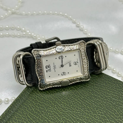 Silver Buckle LA Express Watch with Black Leather Band