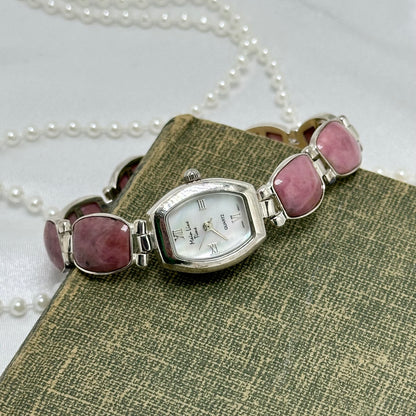 Sterling Silver Watch with Mother of Pearl Dial and Pink Gemstone Band