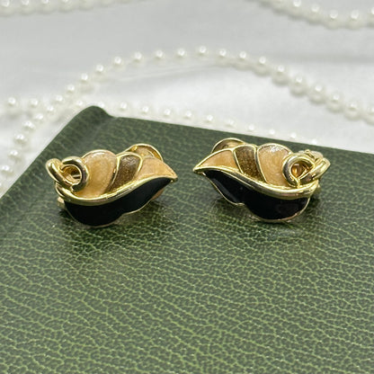 Vintage Gold and Black Enamel Leaf Clip On Earrings