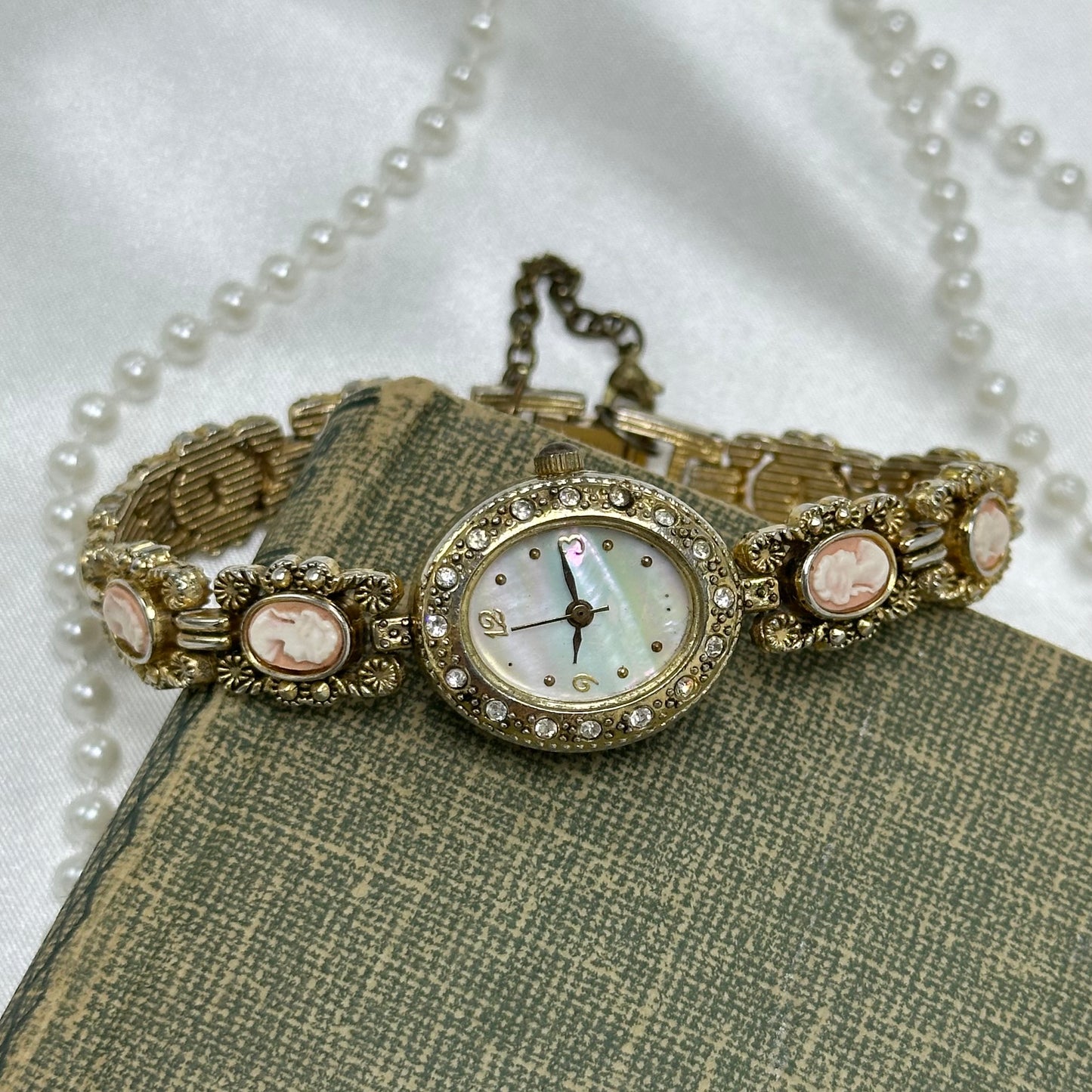 Vintage Gold Cameo Watch with Mother of Pearl Dial